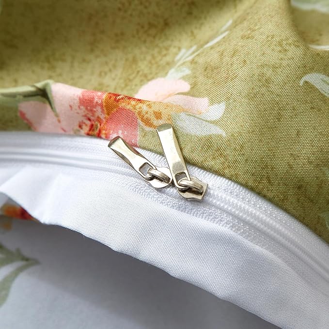 mixinni Duvet Cover Queen Size, Long Staple Cotton Reversible Green Floral Duvet Cover Set with Zipper Ties, 3 Pieces Botanical Pink Flowers and Green Branches Patterns Bedding Set