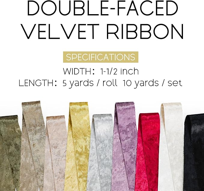 Velvet Ribbon Gold 1-1/2 inch Wide Double-Sided Glossy Fabric Ribbons for Christmas Tree Decor Gift Wrapping Flower Bouquet DIY Crafts 10Yd