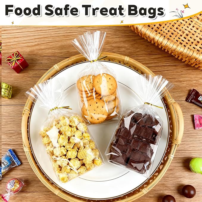 PigPotParty Cellophane Treat Bags 6"x9", 50 Pack Clear Goodie Bags, Bottom Gusset for Stand-Up Display, Small Plastic Gift Wrap for Cookies, Candy, Party Favors, Popcorn, Includes 50 Gold Ties