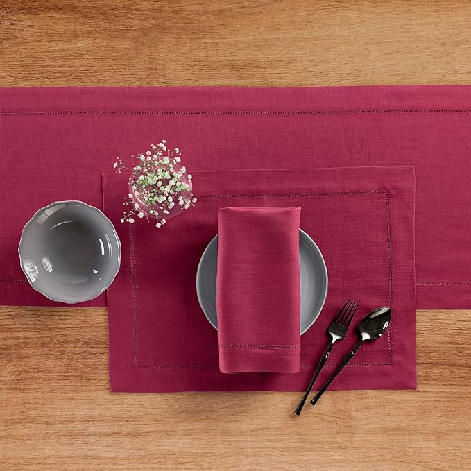 Solino Home Linen Table Runner 48 Inches - 100% Pure Linen Beet Hemstitch Table Runner 14 x 48 Inch Ideal for Dresser and Coffee Tables - Winter, Easter, Valentines - Classic Hemstitch