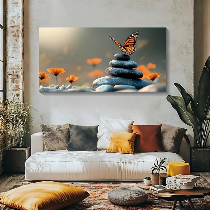 Iallbin Zen Stone Wall Art & Zen Wall Decor, Dark Smooth Rounded Stones Small Star-Shaped Golden-Yellow Flowers-for Yoga Meditation Room, Spa & Bathroom, Orange Monarch butterfly Art Deco Style, 48x24 Inches