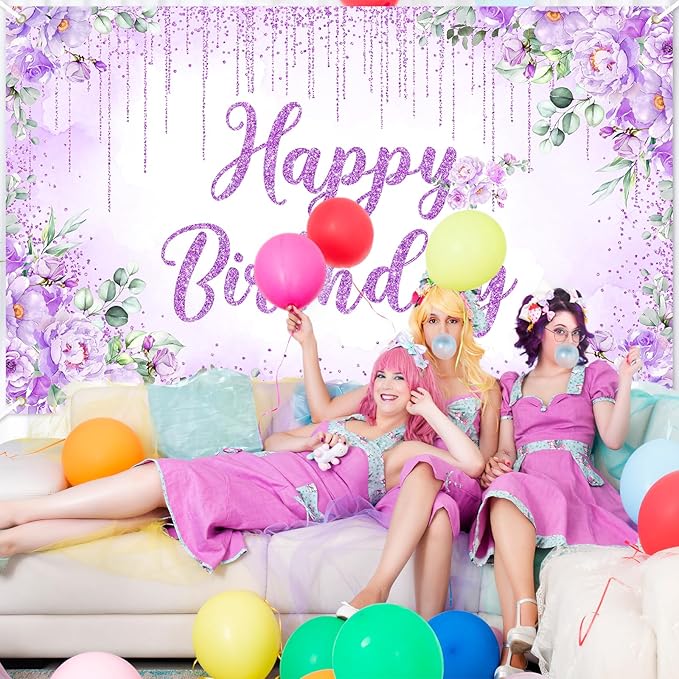 Avezano Happy Birthday Backdrop Banner for Girls Women Happy Birthday Party Decorations Floral Glitters Bday Banner Party Supplies (Purple, 6x3.6ft)