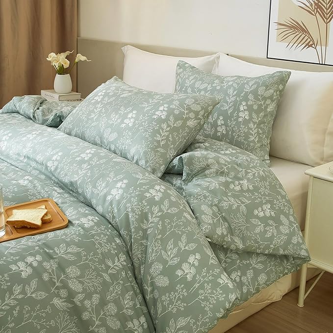 HighBuy Girl Floral Duvet Cover Twin Size Green Botanical Bedding Set with 2 Pillowcases Cozy Soft Cotton Comforter Cover Aesthetic Boho Duvet Cover Set