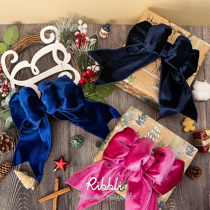 Ribbli Hot Pink Velvet Wired Ribbon 4 Inch Velvet with Satin Christmas Ribbon for Gift Wrapping Christmas Tree Decoration Crafts Wreaths Supplies-Continuous 10 Yards