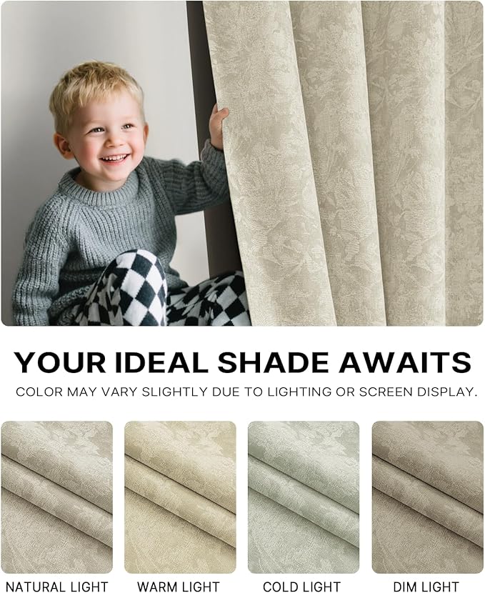 Chenille Floral Blackout Curtains 96 Inch Length 2 Panels Set - Bedroom Living Room Darkening Thermal Insulated Black Out Window Treatments Grommet Jacquard Drapes 52 Inch Wide Beige