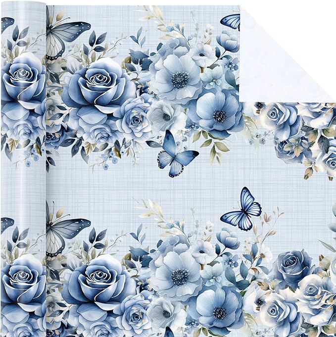 WRAPAHOLIC Dusty Blue Floral Wrapping Paper Roll - Mini Roll - 17 Inch x 9.8 Feet - Butterfly Flower Design, Perfect for Birthday, Wedding, Bridal Shower
