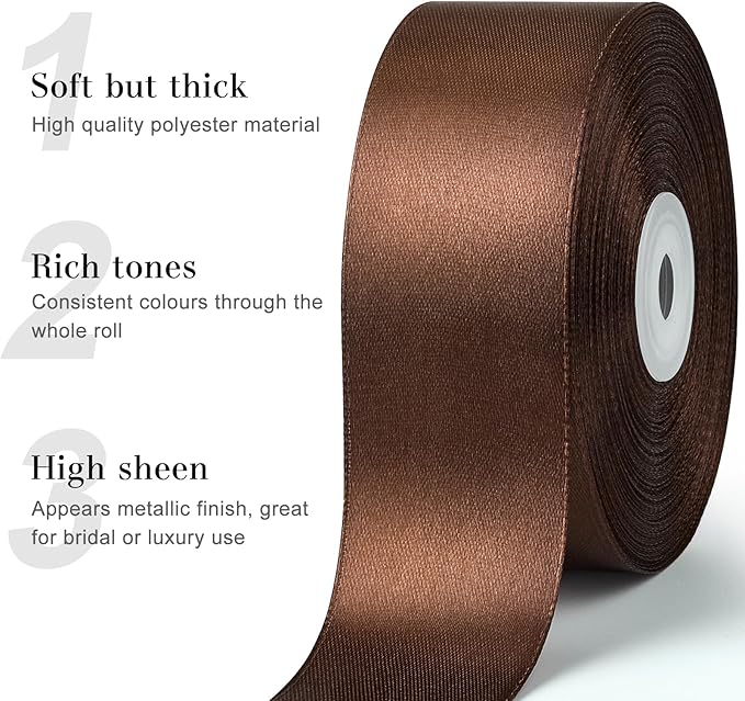 1-1/2 Inches 50 Yards Brown Satin Ribbon, Solid Fabric Ribbon Roll for Flower Bouquets, Gift Wrapping, Wedding, Handmade Crafts