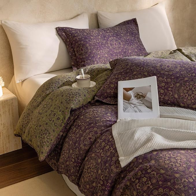 EAVD Soft 100% Cotton Muslin Yarn-Dyed Jacquard Textured Duvet Cover Full Chic Shabby Purple Floral Duvet Cover with Zipper Closure Linen Like Gauze Floral Bedding Set with 2 Pillowcases