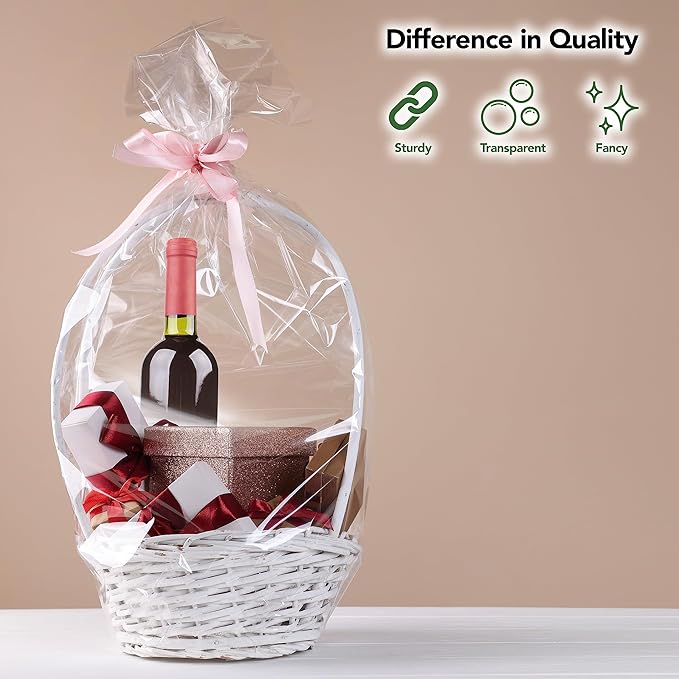 9 x 20 Inch Cellophane Gift Bags (12 Pack) — Clear Tall Wrapping Bags for Wine Bottles, Candles, Party Favors, DIY Gifts, Holiday Packaging (Ribbon & Basket Not Included)