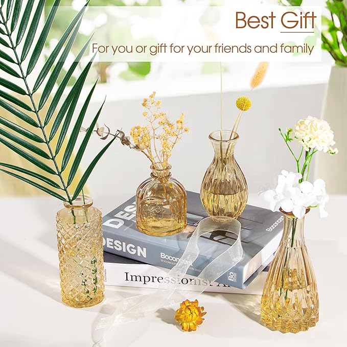 Gold Amber Glass Bud Vases Set of 12, Small Vases for Flowers, Champagne Mini Vintage Vases for Centerpieces,Bud Vase in Bulk for Wedding Decor,Single Flowers,Office and Home Table Flower Décor