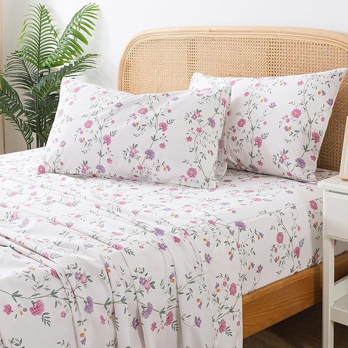 Zusbest California Sheets, Soft 100% Cotton Pink & Off White Floral Bed Sheets Shabby Vintage Chic Purple Flower Printed Sheets Breathable 4 Piece Deep Pocket 17.5‘’（Cal King,Rosy）