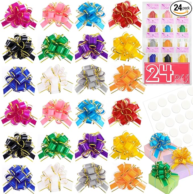 24PCS 6 Inch Large Pull Bows,12 Colors Bow for Gift Wrapping,Reusable Birthday Ribbon Bow for Wrapping Boxes & Decorative Accents