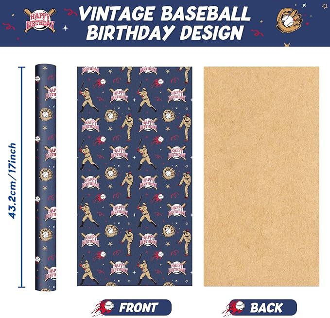 WERNNSAI Baseball Kraft Wrapping Paper - 1 Roll 17”x 16.4ft Sports Birthday Wrapping Paper Blue Gift Wrap for Men Boys Birthday Present Packing Decoration Player Gloves Ball Design