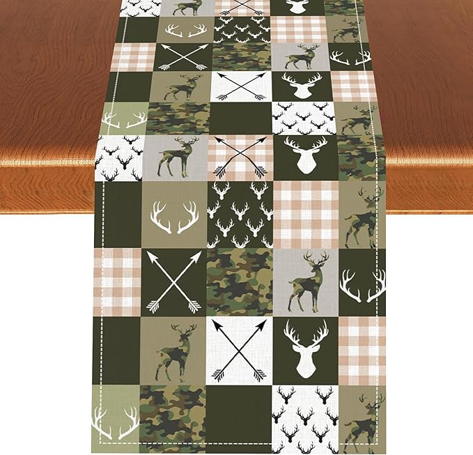 Farmhouse Table Runner, Rustic Deer Camouflage Buffalo Plaid Wild Animal Seasonal Coffee Table Center Decor for Home Kitchen Dining Patio Holiday Party Table Decorations 13x90 inches