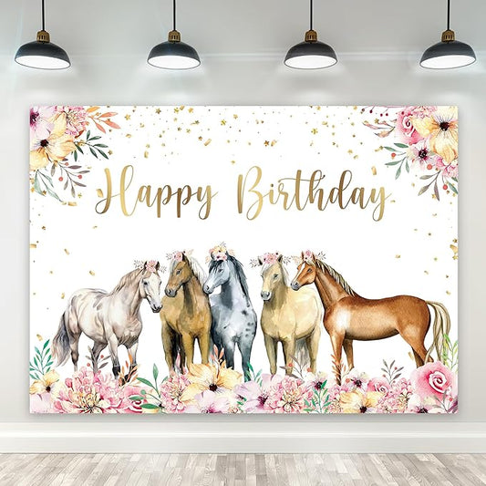 Riyidecor Horse Happy Birthday Backdrop Watercolor Florals 7Wx5H Feet Polyester Fabric Western Cowgirl Photography Background for Girls Women Princess Children Table Decor Banner Studio Photo Shoot