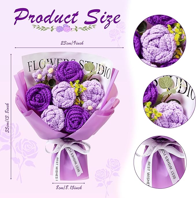 Purple Crochet Flower Bouquet, Purple Knitted Flowers Rose Crochet Bouquet Handmade for Wedding, Anniversary, Christmas, Graduation Crochet Gifts for Women (Includes Card)