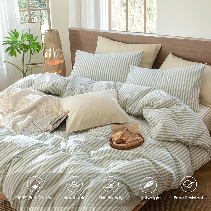 MooMee Striped Duvet Cover Set 100% Washed Cotton Linen Like Textured Breathable Durable Soft Comfy (Sage Green White Classic Stripes, Palatial King/Oversized King 120"x98")