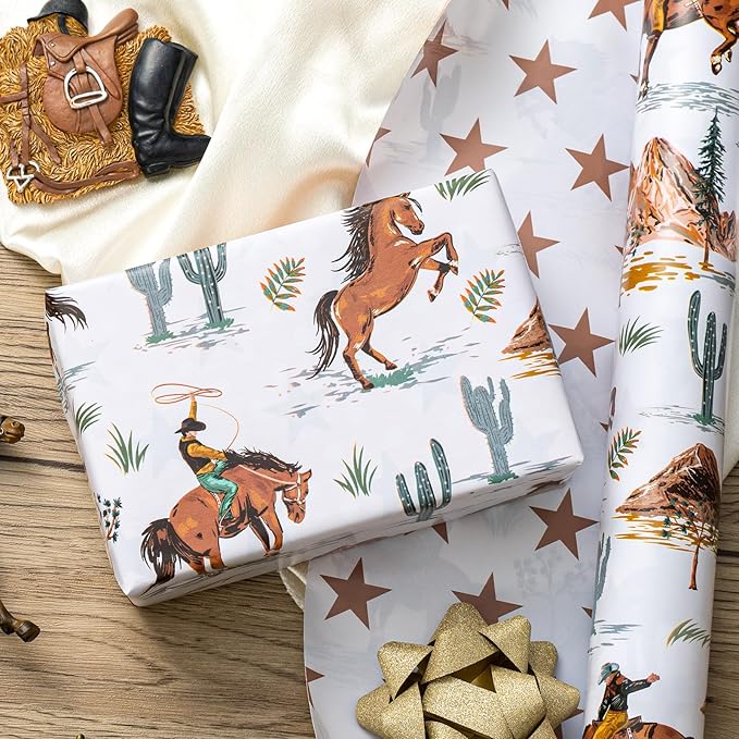 Homeral Reversible Cowboy Wrapping Paper Roll - 17In x 16.5Ft Western Gift Wrap with Rodeo Horse and Star Pattern for Boys Birthday, Fathers Day, Bachelor Party, Christmas, Farm Theme, Holiday