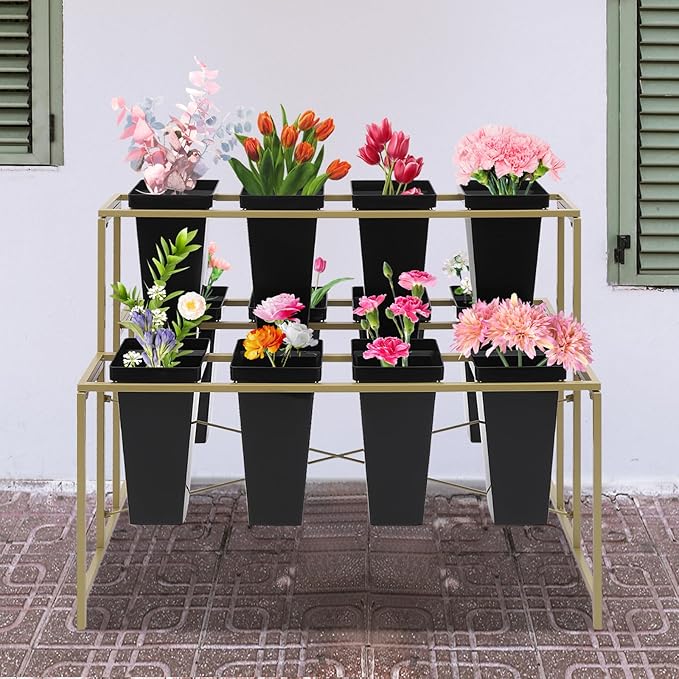 Flower Display Stand with 12 Pcs Buckets 3 Layers Metal Plant Stand Plant Cart Shelf Flower Bucket Rack Stand for Indoor Florist Garden Patio (Gold Stand-Black Square Buckets)