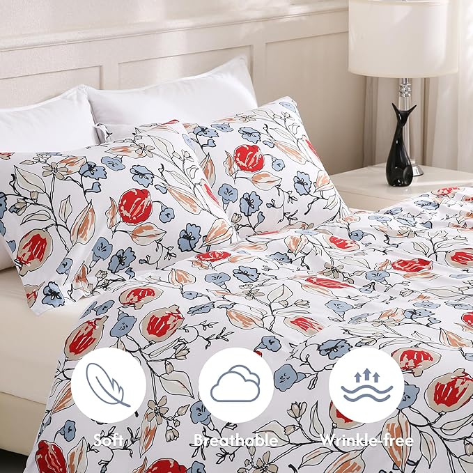 LONAVA Queen Flower 3 Pcs Duvet Cover Set, Breathable Soft Microfiber White Lining Comforter Cover with Zipper Closure, and 2 Anti-Pilling, Fade Resistant Pillowcases, Red Bud