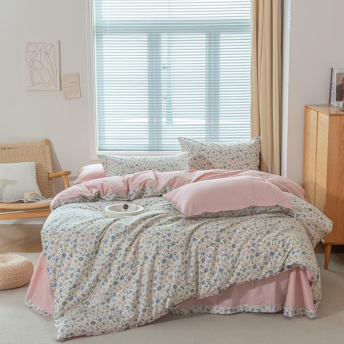 EAVD Botanical Floral Duvet Cover King Soft 100% Cotton Blue Pink Floral Bedding Set with 2 Pillowcases Chic Vintage Style Garden Floral Comforter Set Reversible Solid Pink Duvet Cover Set