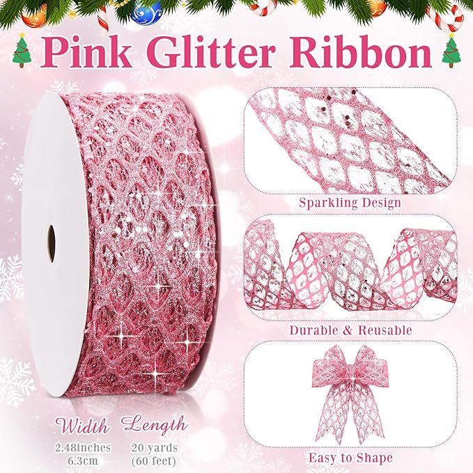 Geosar 20 Yards Pink Glitter Mesh Wired Ribbon for Christmas Tree Decorations, Gift Wrapping, DIY Craft, Xmas Wreaths, Cabinet Decor (2.5 Inch)