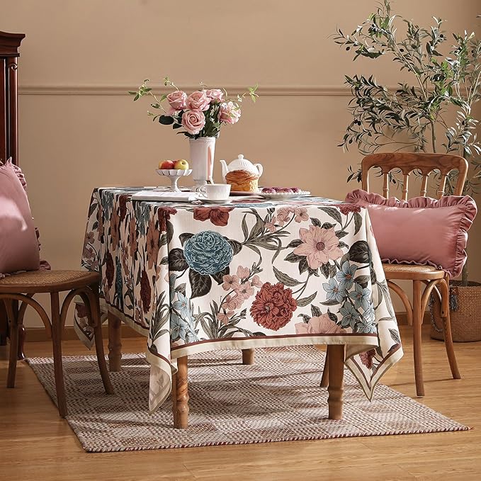 Designer French Linen Tablecloth for Rectangle Table,Red and Blue Floral Durable Long Tablecloths,Decor Table Cover for Kitchen,Dining,Thanksgiving,Home,Farmhouse,63" × 94"-Burgundyred