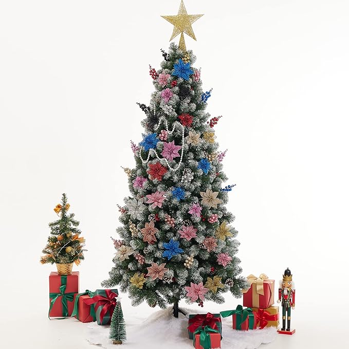 Zhuqing 22Pcs Christmas Poinsettia Artificial Flowers and Glitter Berries Stems Kit, 16Pcs Christmas Tree Flowers Ornaments and 6 Pack Christmas Tree Picks for Wedding Holiday Decorations (Gold)