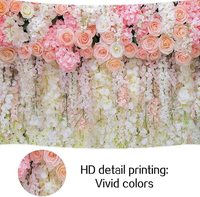 8x6ft Pink Rose Flower Wedding Photography Backdrop Spring Floral Photography Backdrop Valentine's Day Mother's Day Girl Birthday Baby Shower Wedding Bridal Party Banner Photo Booth Props Background