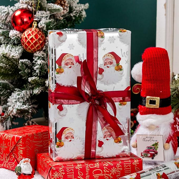 MAYPLUSS Christmas Wrapping Paper Roll - 17IN X 33FT - Silver Gift Wrap Paper Featuring Santa Claus Snowflake HO Reversible Gold Merry Christmas for Kids, Holiday, New Year