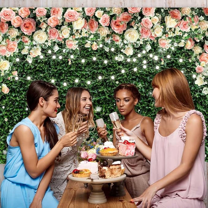Sensfun Flower Wall Backdrop Spring Pink Rose Blossom Green Leaves Photography Background Floral Grass Birthday Baby Shower Miss to Mrs Wedding Bridal Shower Backdrops Portrait Photo Booth Props 7x5ft