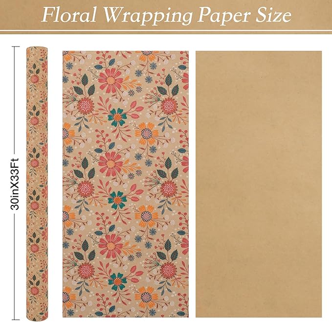 Aimyoo Kraft Floral Wrapping Paper Roll - Jumbo Roll - 30 Inch x 33 Feet - All Occasion Vintage Flower Gift Wrap Paper for Mother's Day Wedding Birthday Bridal Shower