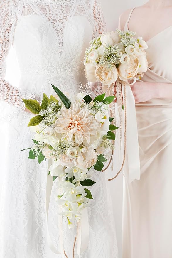 Champagne Wedding Bouquets for Bride Bridesmaids, Bridal Bouquet for Wedding Silk Artificial Flowers