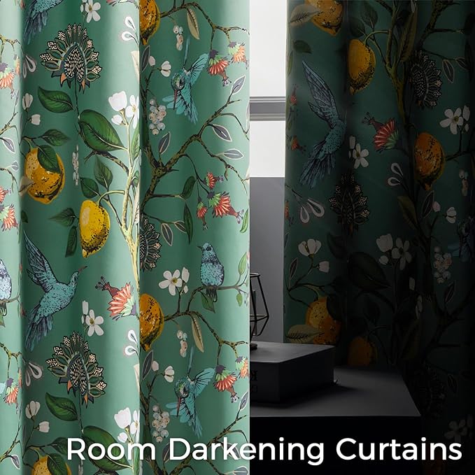 90 Inches Long Curtains 2 Panels for Living Room Botanical Hummingbird Luxury Whimsical Floral Printed Pinch Pleated Drapes for Bedroom Thermal Insulated Window Curtains Sage Green