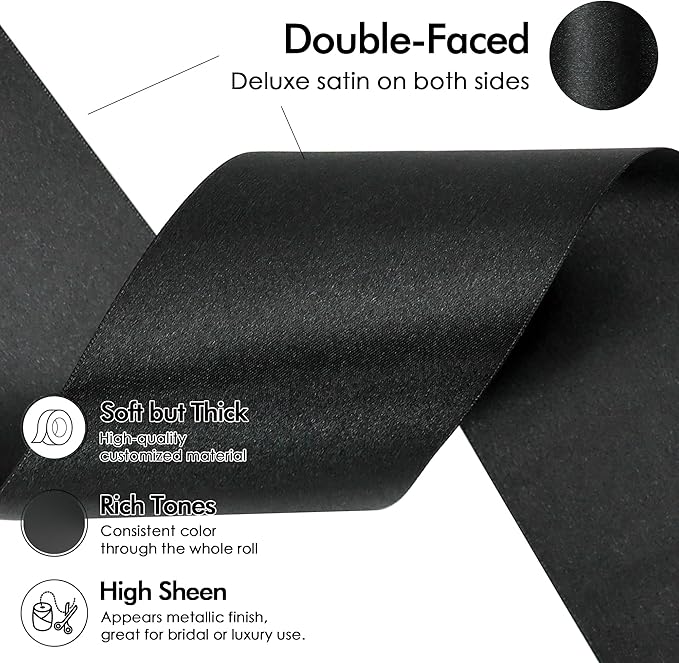MEEDEE Black Satin 3 Inch Ribbon Lux Double Faced Extra Wide Ribbon Black Christmas Tree Ribbons by 10 Yards Silk Ribbons for Halloween Wreaths Bow, Satin Weddings Decor