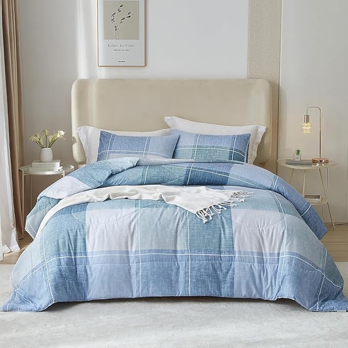 LifeTB Twin XL Comforter Set Blue Checkered Comforter Set for Men Boys Geometric Checkered Plaid Printed Boho Bedding Comforter for All Seasons Fluffy Soft Lightweight Plaid Bedding Set Twin XL
