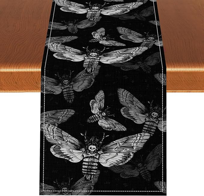 Gothic Moth Table Runner, Boho Gothic Mystical Witchy Skull Retro Farmhouse Coffee Table Center Decor for Home Kitchen Dining Patio Holiday Party Table Decorations 13x90 inches