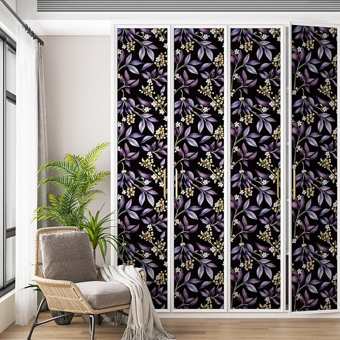 Dark Peel and Stick Wallpaper Vintage, Black Purple Leaf Removable Self-Adhesive Vinyl for Bathroom Bedroom Kitchen Drawer Cabinet, Golden Floral Pattern Wall Decor Retro Style 17.5" x 118"