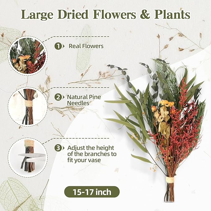 YZXZM Real Flower Bouquet for Christmas Decorations with Dried Pine Branches & Flowers, 17 Inch