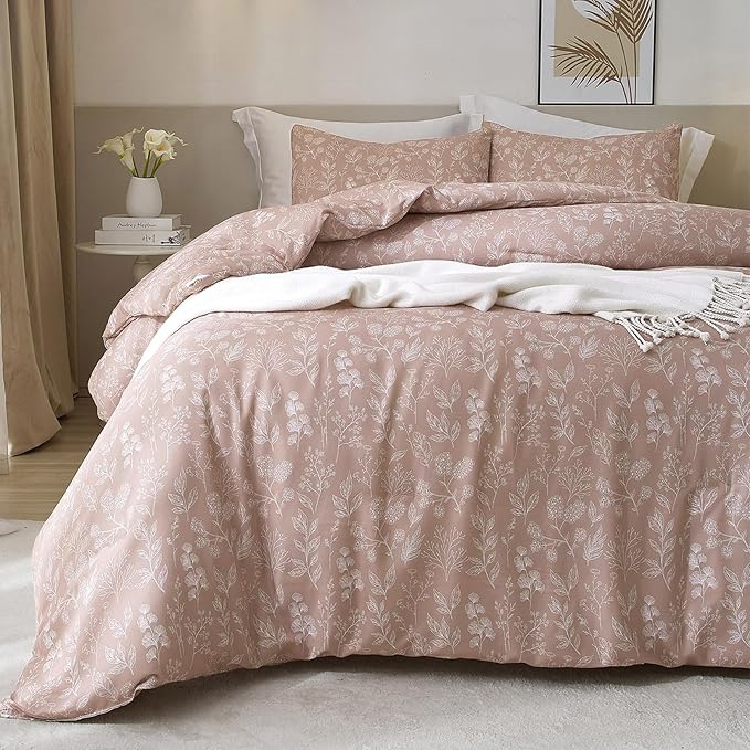 HighBuy Twin XL Duvet Cover Floral 100% Cotton Girls Aesthetic Bedding Set Botanical Flowers Comforter Cover Twin XL with 2 Pillowcases Garden Style Chic Floral Bedding Duvet Cover Set,Mauve Brown