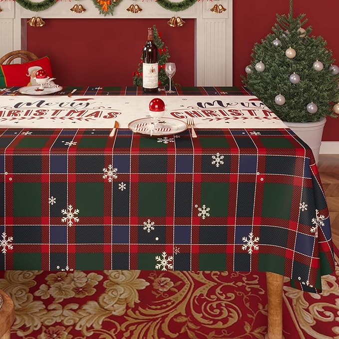 Christmas Rectangle Table Cloth,100% Waterproof Tablecloth,Christmas Decorations for Home, Vinyl Tablecloth Plastic Table Cover for Party，Picnic,Dining,Outdoor 54" x 78",Crimson Checked
