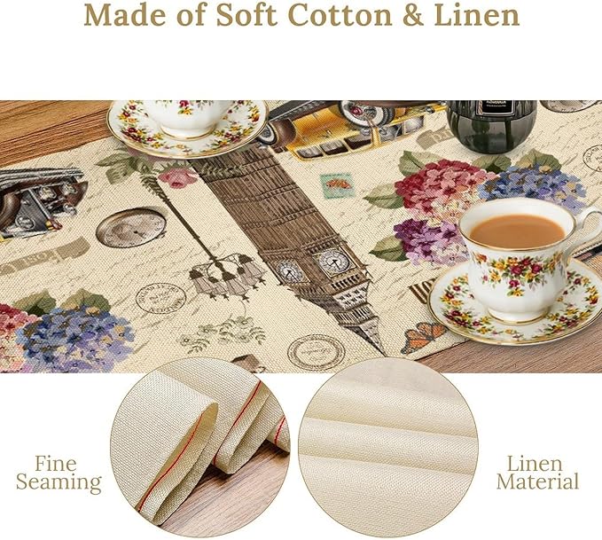 British Table Runner, Seasonal Vintage Floral England London Culture Element Coffee Table Center Decor for Home Kitchen Dining Patio Holiday Party Table Decorations 13x90 inches