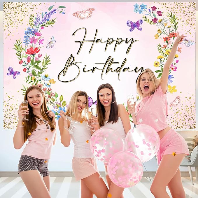 Sensfun Wildflower Happy Birthday Backdrop Banner Wild Flower Birthday Decorations,Spring Floral Butterfly Photography Background for Girls Wildflower One Birthday Party Decor Photo Booth Props 8x6ft