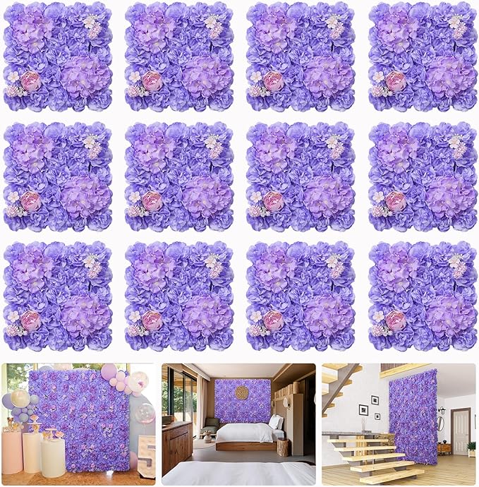 Flower Wall Backdrop 16.5''*16.5'' 12Pcs Artificial Floral Wall Panel 3D Silk Rose Decor for Wedding Home Thanksgiving Day Event Birthday Party Decoration