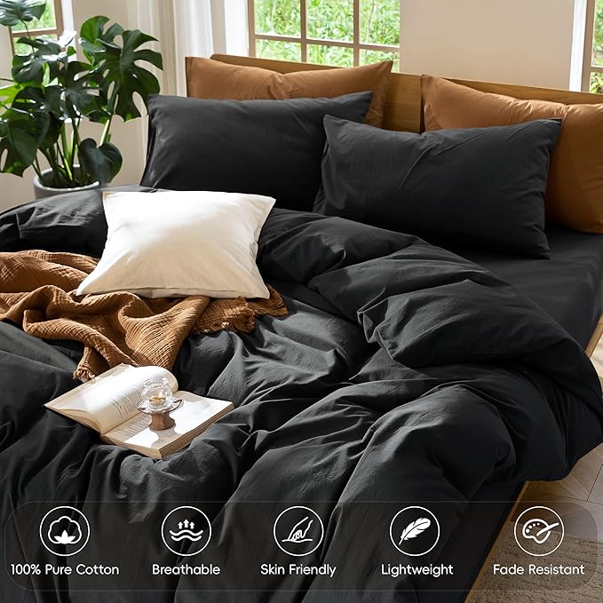 MooMee Bedding Duvet Cover Set 100% Washed Cotton Linen Like Textured Breathable Durable Soft Comfy (Solid Black, Oversized King Plus 128"x120")