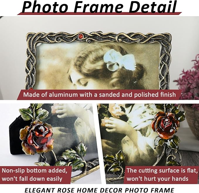 5x7 Picture Frame Vintage Decor Ornate Red Rose Flower Antique Photo Frame with Glass Front Metal Brass Art Table Top Decor for Valentines Wedding Anniversary Birthday Mothers Day Gifts