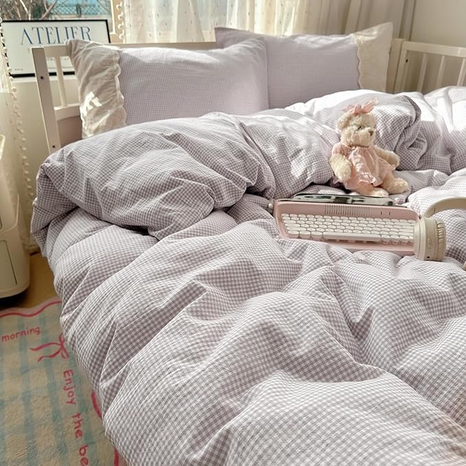 LifeTB Purple Gingham Duvet Cover King Cozy Washed Microfiber Purple Checkered Plaid Duvet Cover with 2 Pillowcases Romantic White Lace Comforter Cover 3 Pieces Gingham Grid Bedding Set