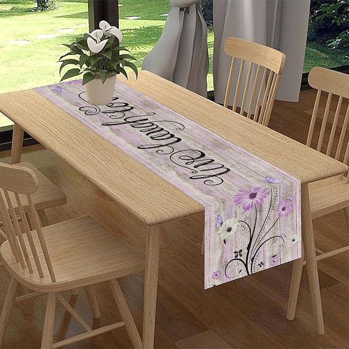Purple Daisy Table Runner, Butterfly Rustic Seasonal Spring Wild Flower Rustic Blue Wood Farmhouse Decor for Family Kitchen Farmhouse Holiday Party Table Decorations Indoor Outdoor 13x72 inch