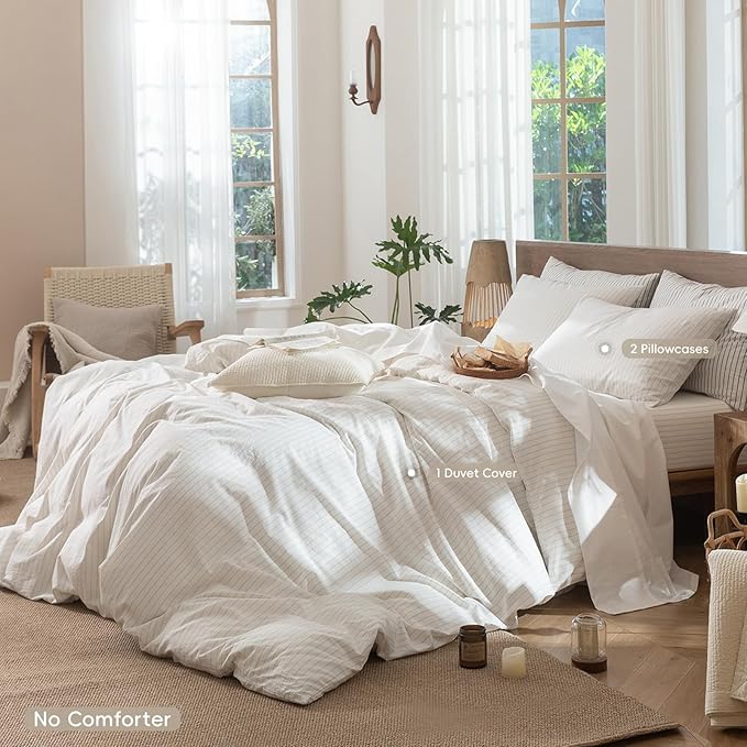 MooMee Striped Duvet Cover Set 100% Washed Cotton Linen Like Textured Breathable Durable Soft Comfy (White Almond Milk Grey Wide Stripes, Super King Plus 120"x120")