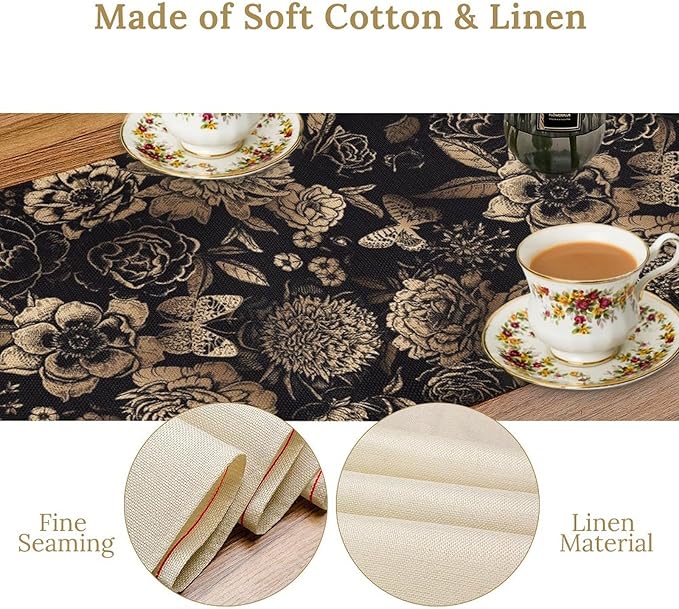 Gold Black Floral Table Runner, Vintage Peony Flower Blossom Butterfly Rustic Plant Leaves Gothic Dark Floral Table Runner for Farmhouse Cottage Kitchen Dining Table Decor, 13x90inch